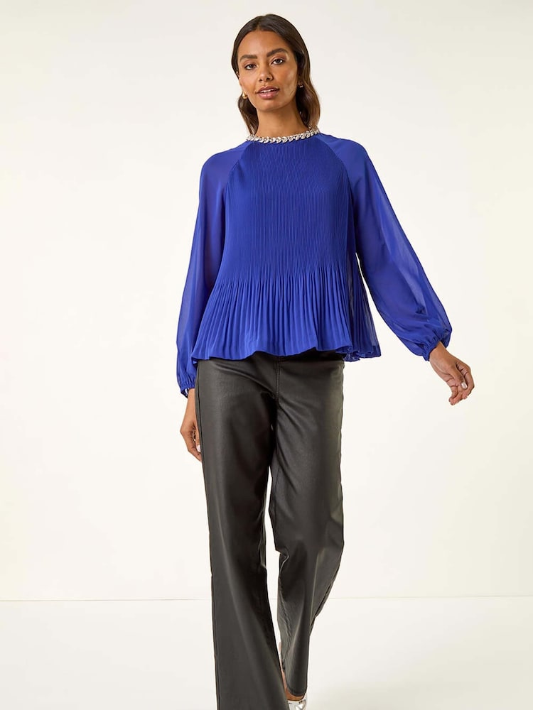 Roman Blue Embellished Pleated Tunic Top - Image 2 of 5 Roman Blue Embellished Pleated Tunic Top - Image 2 of 5