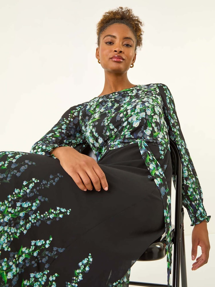 Roman Blue Floral Border Belted Midi Dress - Image 1 of 5