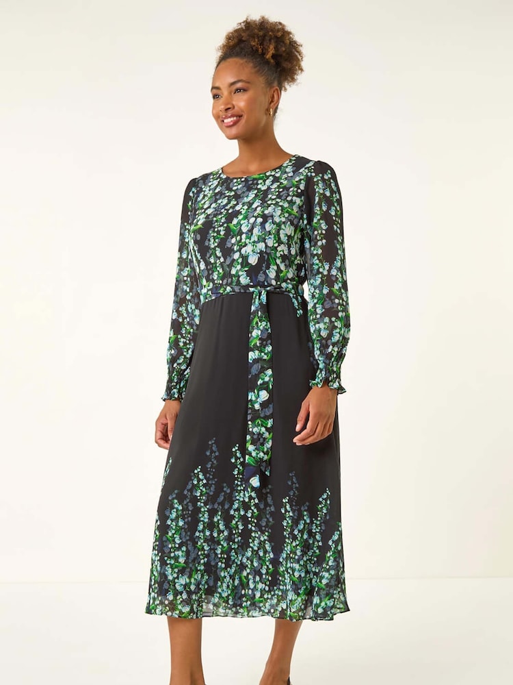 Roman Blue Floral Border Belted Midi Dress - Image 2 of 5 Roman Blue Floral Border Belted Midi Dress - Image 2 of 5
