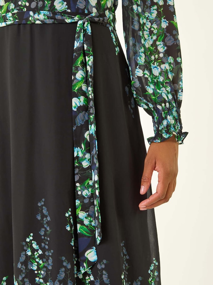 Roman Blue Floral Border Belted Midi Dress - Image 5 of 5