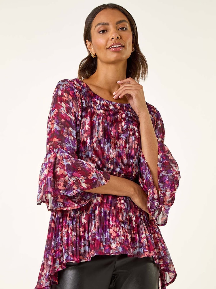 Roman Purple Metallic Abstract Pleated Blouse - Image 1 of 5 Roman Purple Metallic Abstract Pleated Blouse - Image 1 of 5