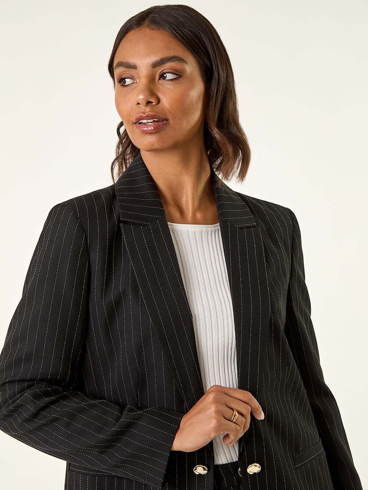 Roman Black Pinstripe Revered Collar Blazer - Image 1 of 5 Roman Black Pinstripe Revered Collar Blazer - Image 1 of 5