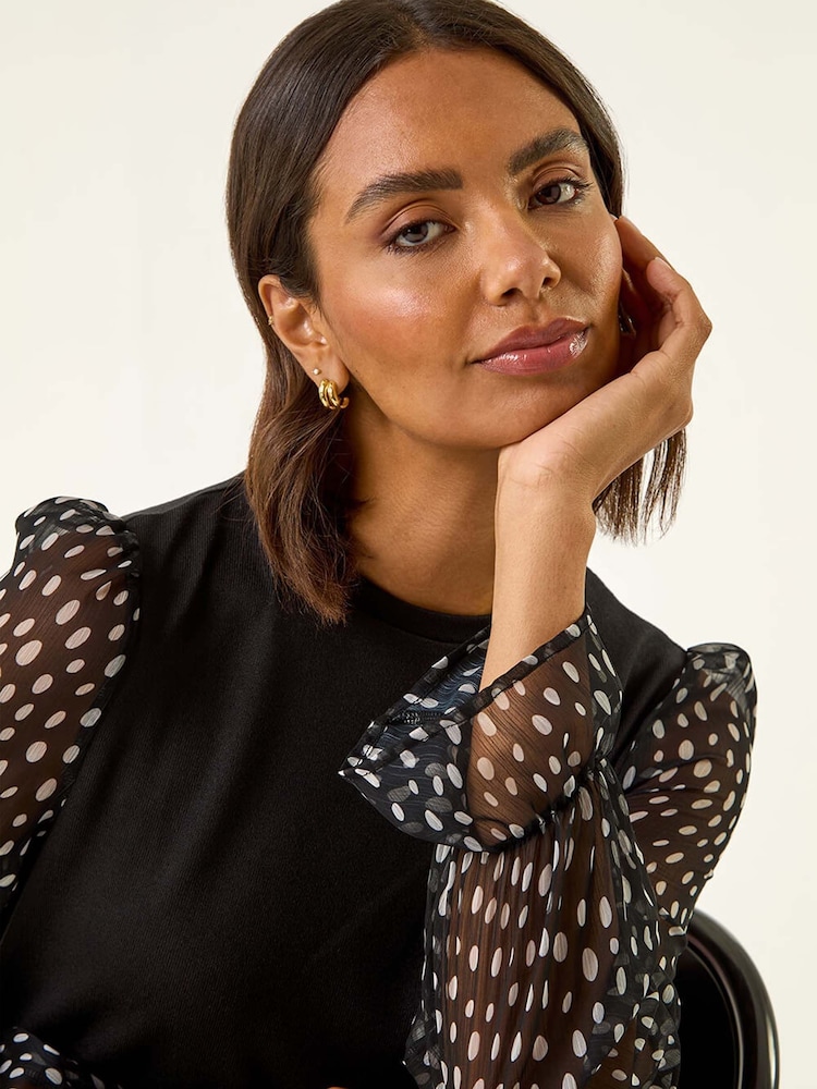 Roman Black Printed Mesh Sleeve Blouse - Image 1 of 5 Roman Black Printed Mesh Sleeve Blouse - Image 1 of 5