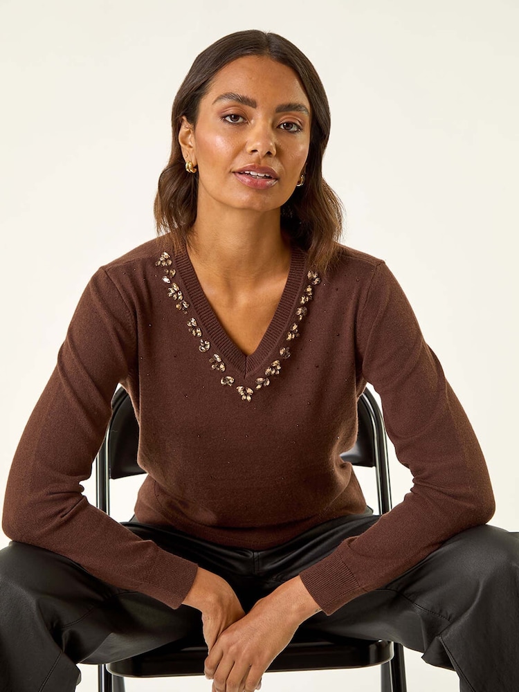 Roman Brown V-Neck Hotfix Jumper - Image 1 of 5 Roman Brown V-Neck Hotfix Jumper - Image 1 of 5