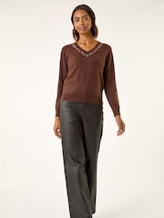 Roman Brown V-Neck Hotfix Jumper - Image 2 of 5