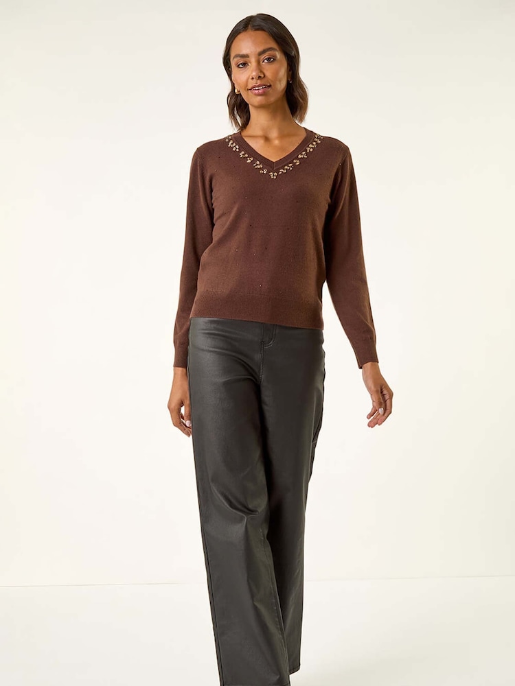 Roman Brown V-Neck Hotfix Jumper - Image 2 of 5