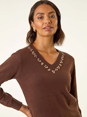 Roman Brown V-Neck Hotfix Jumper - Image 4 of 5