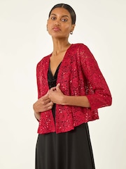 Roman Red Glitter Sequin Lace Cardigan Top - Image 2 of 5