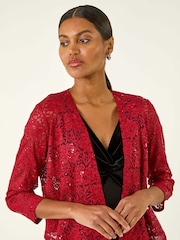 Roman Red Glitter Sequin Lace Cardigan Top - Image 4 of 5