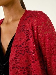 Roman Red Glitter Sequin Lace Cardigan Top - Image 5 of 5
