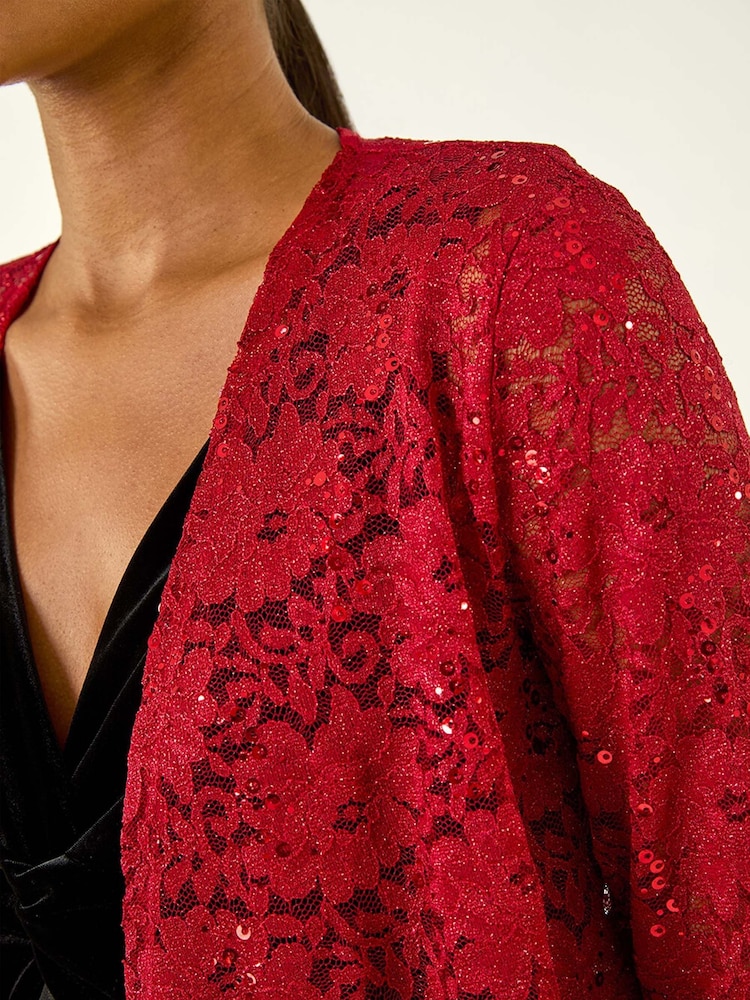 Roman Red Glitter Sequin Lace Cardigan Top - Image 5 of 5