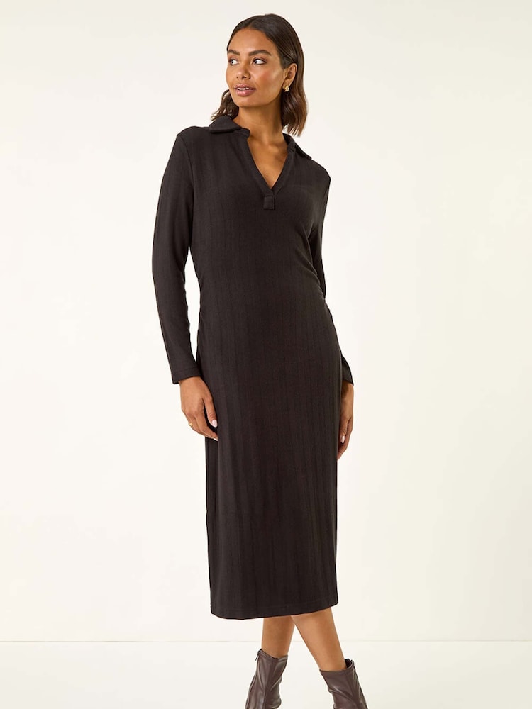 Roman Black Collar Ribbed Knit Midi Dress - Image 2 of 5 Roman Black Collar Ribbed Knit Midi Dress - Image 2 of 5