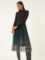 Roman Green Printed Pleat Mesh Skirt - Image 2 of 5