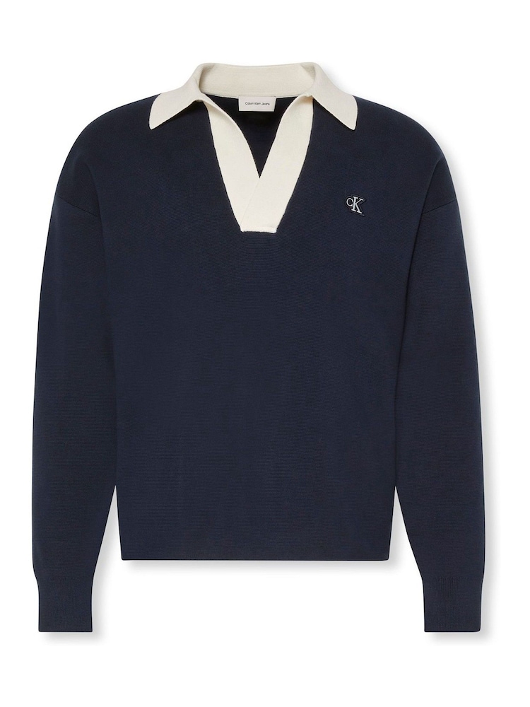 Calvin Klein Blue Cotton Relaxed Johnny Collar Sweater - Image 7 of 7 Calvin Klein Blue Cotton Relaxed Johnny Collar Sweater - Image 7 of 7