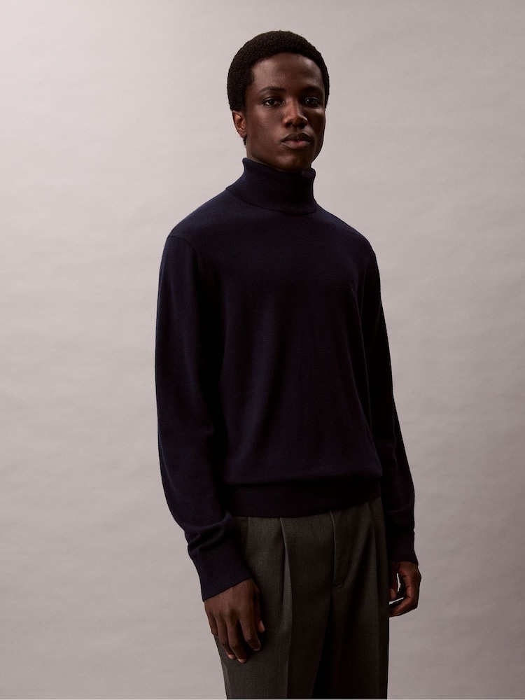 Calvin Klein Blue Merino Wool Turtle Neck Jumper - Image 2 of 6 Calvin Klein Blue Merino Wool Turtle Neck Jumper - Image 2 of 6