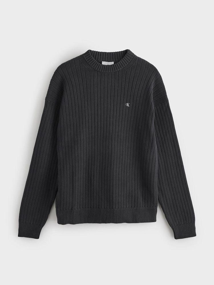 Calvin Klein Black Ribbed Cotton Monogram Jumper - Image 1 of 2 Calvin Klein Black Ribbed Cotton Monogram Jumper - Image 1 of 2