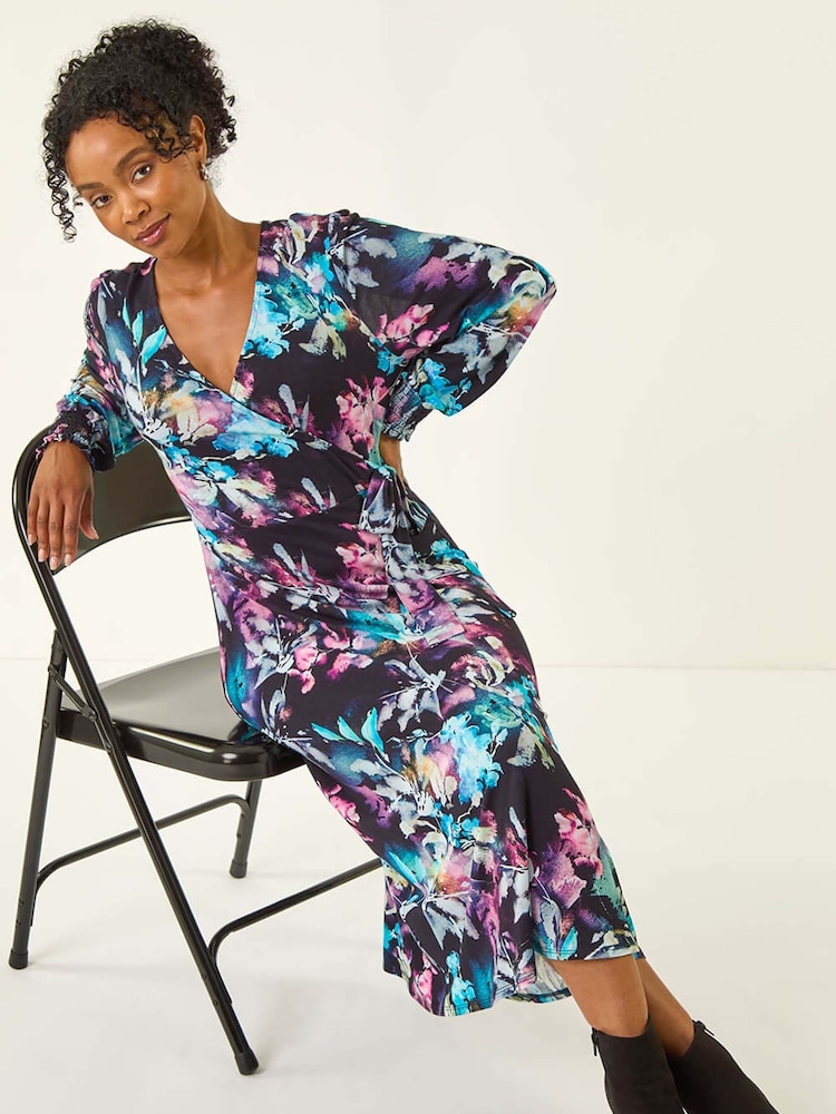 Roman Blue Petite Abstract Stretch Midi Dress - Image 1 of 5