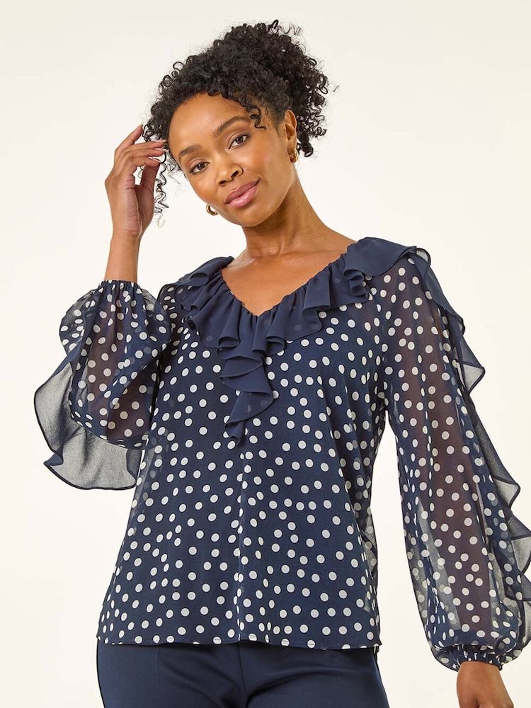 Roman Blue Petite Spot Print Frill Blouse - Image 1 of 5