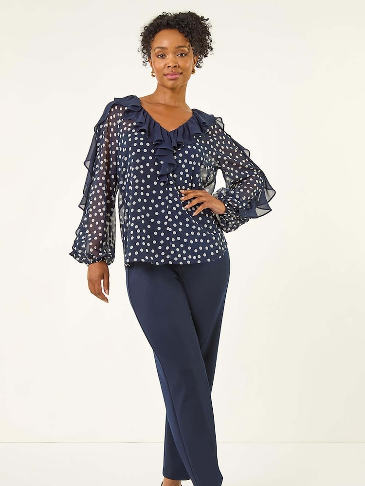 Roman Blue Petite Spot Print Frill Blouse - Image 2 of 5