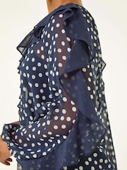 Roman Blue Petite Spot Print Frill Blouse - Image 5 of 5