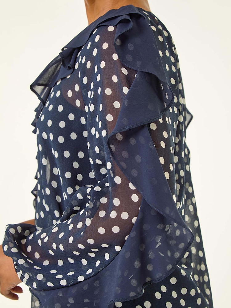 Roman Blue Petite Spot Print Frill Blouse - Image 5 of 5 Roman Blue Petite Spot Print Frill Blouse - Image 5 of 5