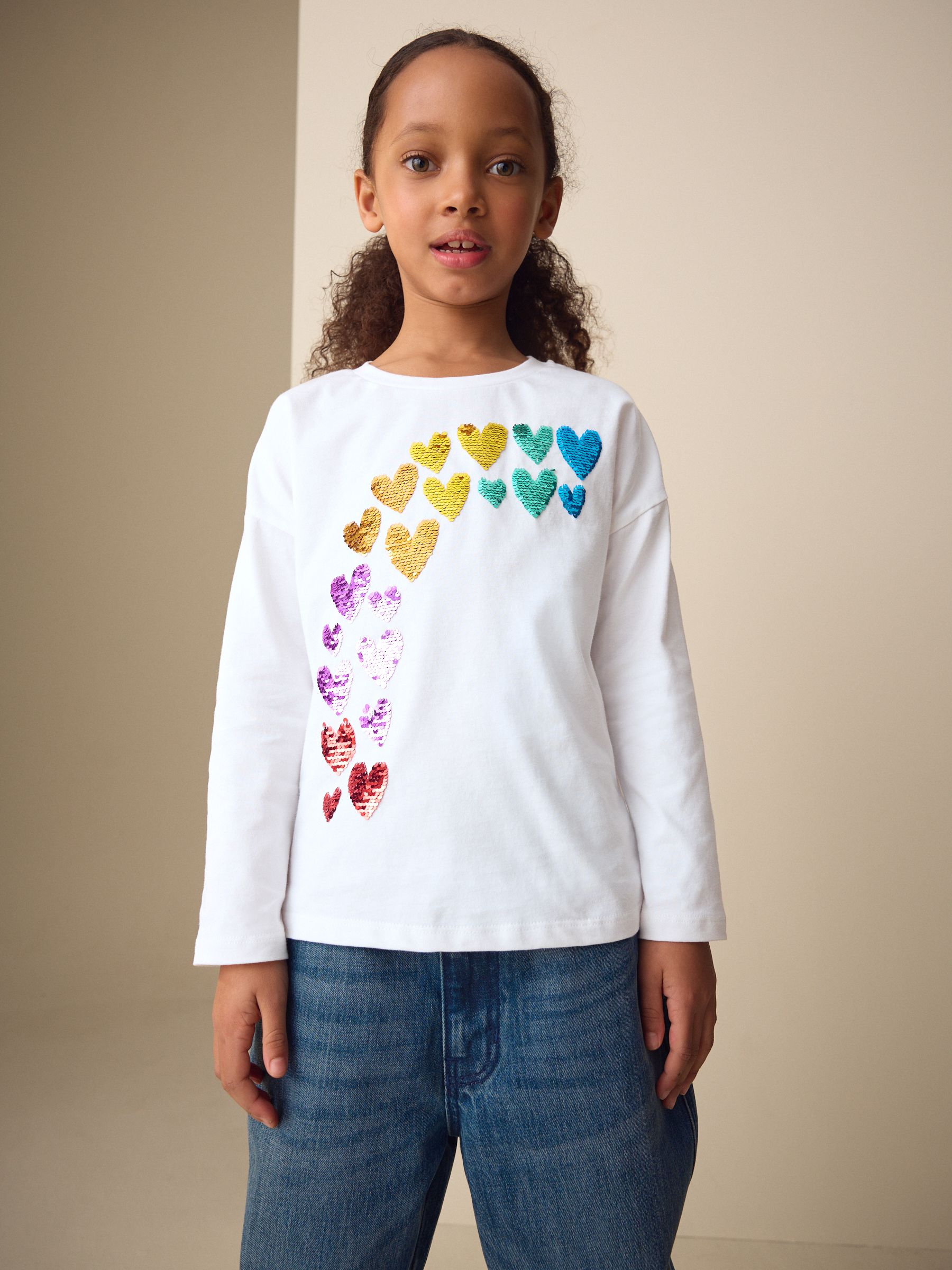Buy White Rainbow Hearts Long Sleeve Sequin Top (3-16yrs) from