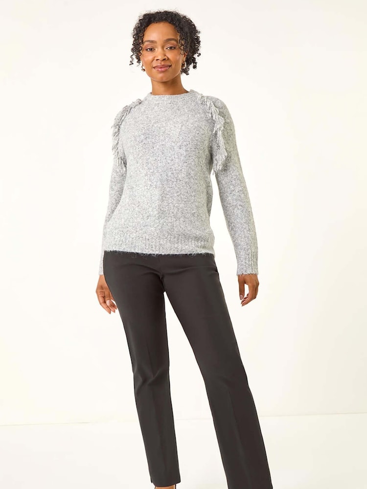 Roman Grey Petite Fringe Shoulder Knit Jumper - Image 2 of 5