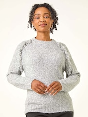 Roman Grey Petite Fringe Shoulder Knit Jumper - Image 4 of 5