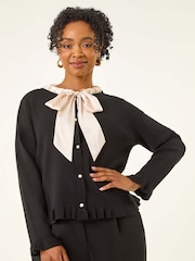 Roman Black Petite Tie Neck Frill Hem Cardigan - Image 4 of 5