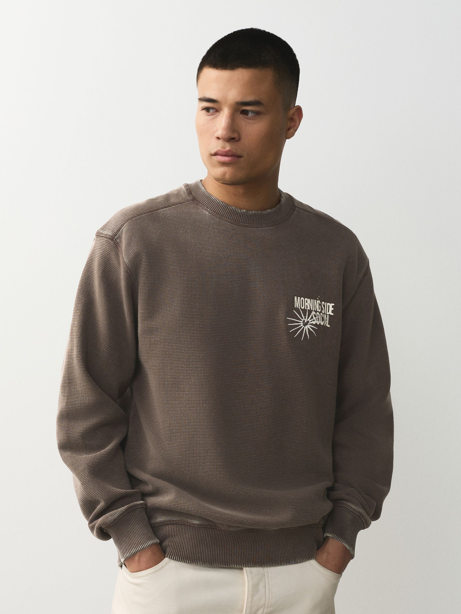 Buy Brown Waffle Texture Graphic Print Crew Neck Sweatshirt from