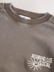 Brown Waffle Texture Graphic Print Crew Neck Sweatshirt - Image 8 of 8