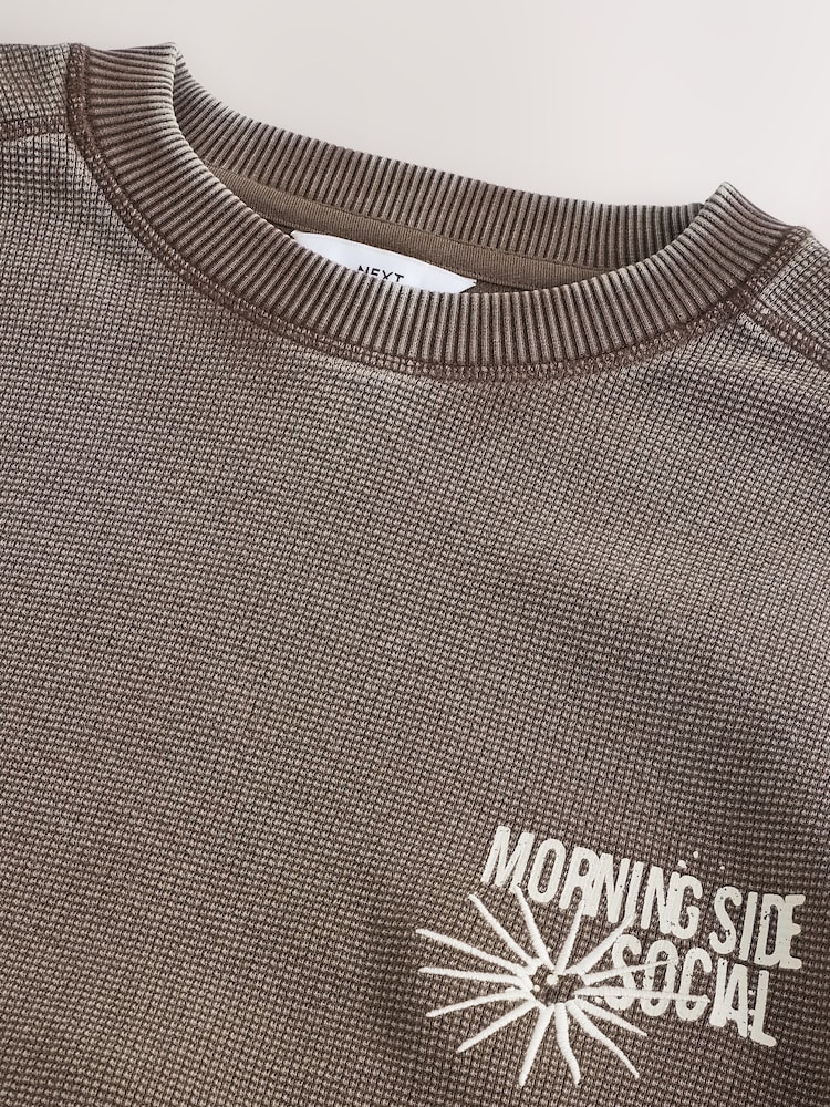 Brown Waffle Texture Graphic Print Crew Neck Sweatshirt - Image 8 of 8
