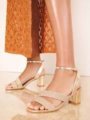 Lipsy Gold Metallic Wide Fit Diamante Embellished Aysmmetric Strap Mid Block Heel Occasion Sandals - Image 1 of 5