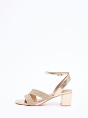 Lipsy Gold Metallic Wide Fit Diamante Embellished Aysmmetric Strap Mid Block Heel Occasion Sandals - Image 5 of 5