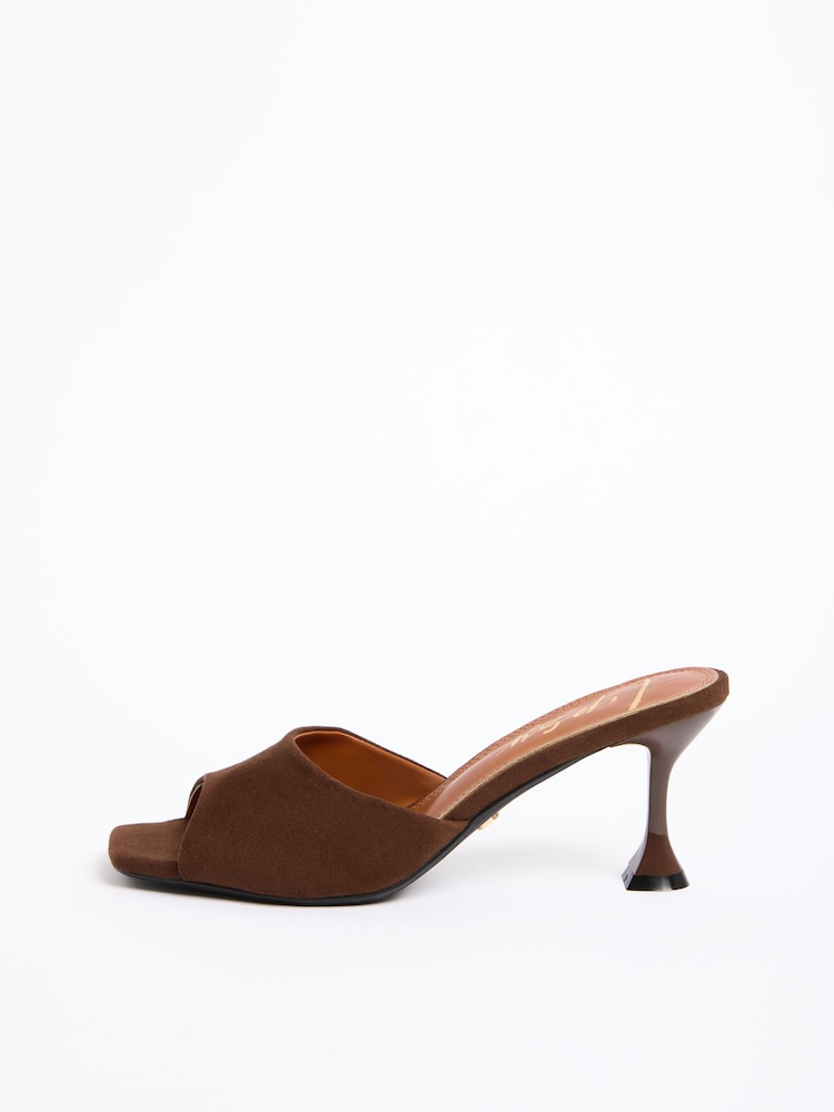 Lipsy Chocolate Brown  Faux Suede Flared Heel Slip On Mid Heel Mule Sandals - Image 5 of 5