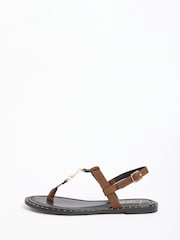 Lipsy Tobacco Brown Faux Suede Branded Hardware Studded Flat Toe Post Summer Sandals - Image 6 of 6