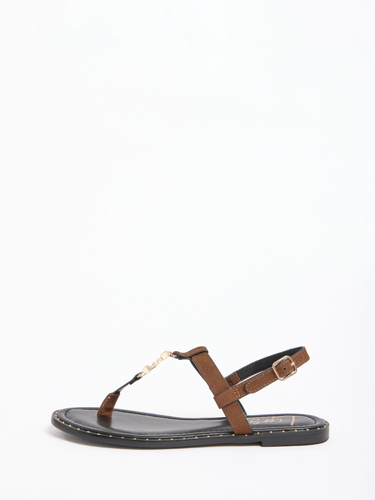 Lipsy Tobacco Brown Faux Suede Branded Hardware Studded Flat Toe Post Summer Sandals - Image 6 of 6 Lipsy Tobacco Brown Faux Suede Branded Hardware Studded Flat Toe Post Summer Sandals - Image 6 of 6