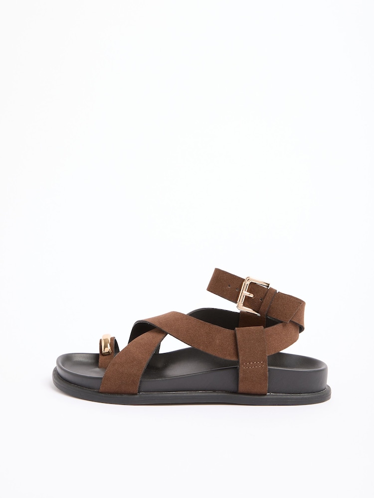 Friends Like These Chocolate Brown Faux Suede Toe Loop Gold Trim Flat Summer Footbed Sandals - Image 5 of 5