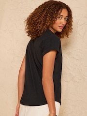 Negru cu margine dantelată - Tricou Love & Roses cu decolteu crestat din jerseu - Imaginea 4 din 4