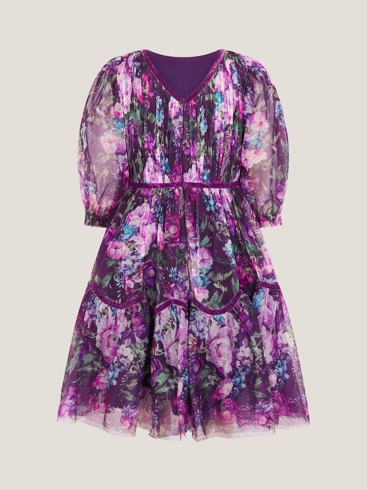 Monsoon Purple Floral Tulle Party Dress - Image 2 of 4 Monsoon Purple Floral Tulle Party Dress - Image 2 of 4