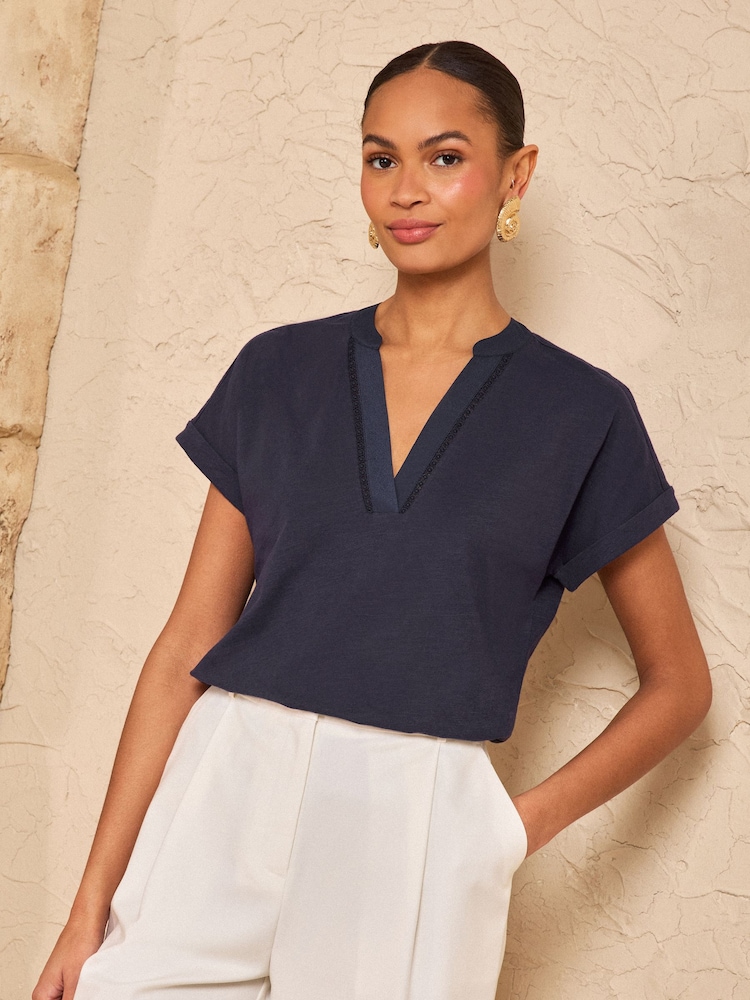 Love & Roses Navy Lace Trim Notch Neck Jersey T-Shirt - Image 1 of 4