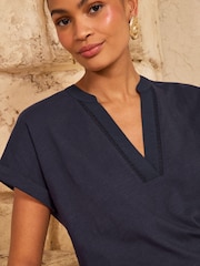 Love & Roses Navy Lace Trim Notch Neck Jersey T-Shirt - Image 2 of 4