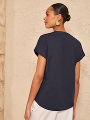 Love & Roses Navy Lace Trim Notch Neck Jersey T-Shirt - Image 4 of 4