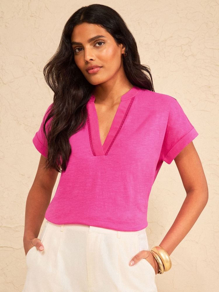 Love & Roses Bright Pink Lace Trim Notch Neck Jersey T-Shirt - Image 1 of 4