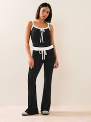 PixieGirl Petite Black Contrast Waist Flared Leggings - Image 1 of 5
