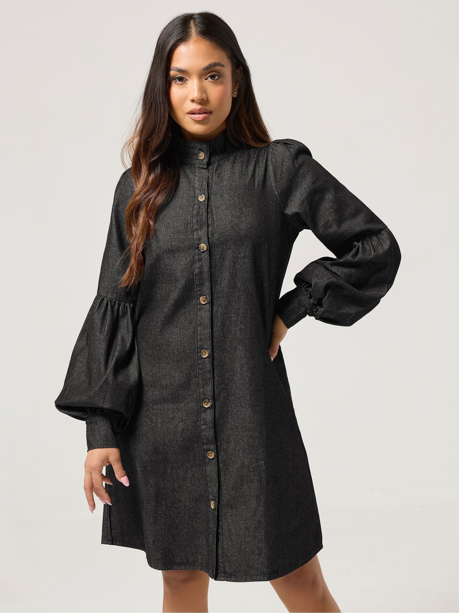 Buy PixieGirl Petite Brown Denim Balloon Sleeve Shirt Dress from