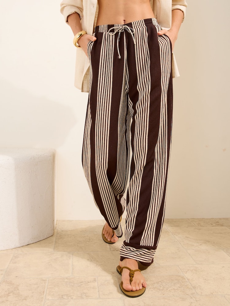 Friends Like These Chocolate Brown Striped Jersey Tie Waist Trousers - Image 1 of 4