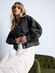 PixieGirl Petite Black Denim Balloon Sleeve Jacket - Image 2 of 5