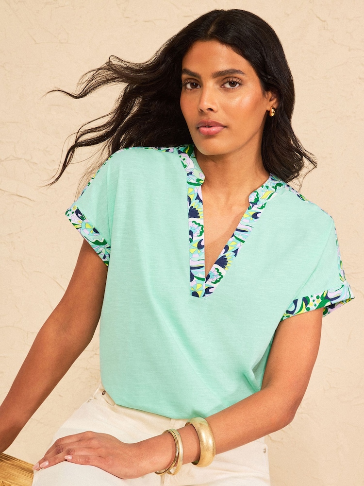 Aqua Blue Abstract Print - Love & Roses Tipped Notch Neck Top - Attēls 1 no 4