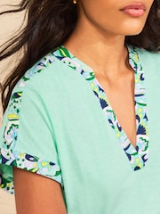 Aqua Blue Abstract Print - Love & Roses Tipped Notch Neck Top - Attēls 2 no 4